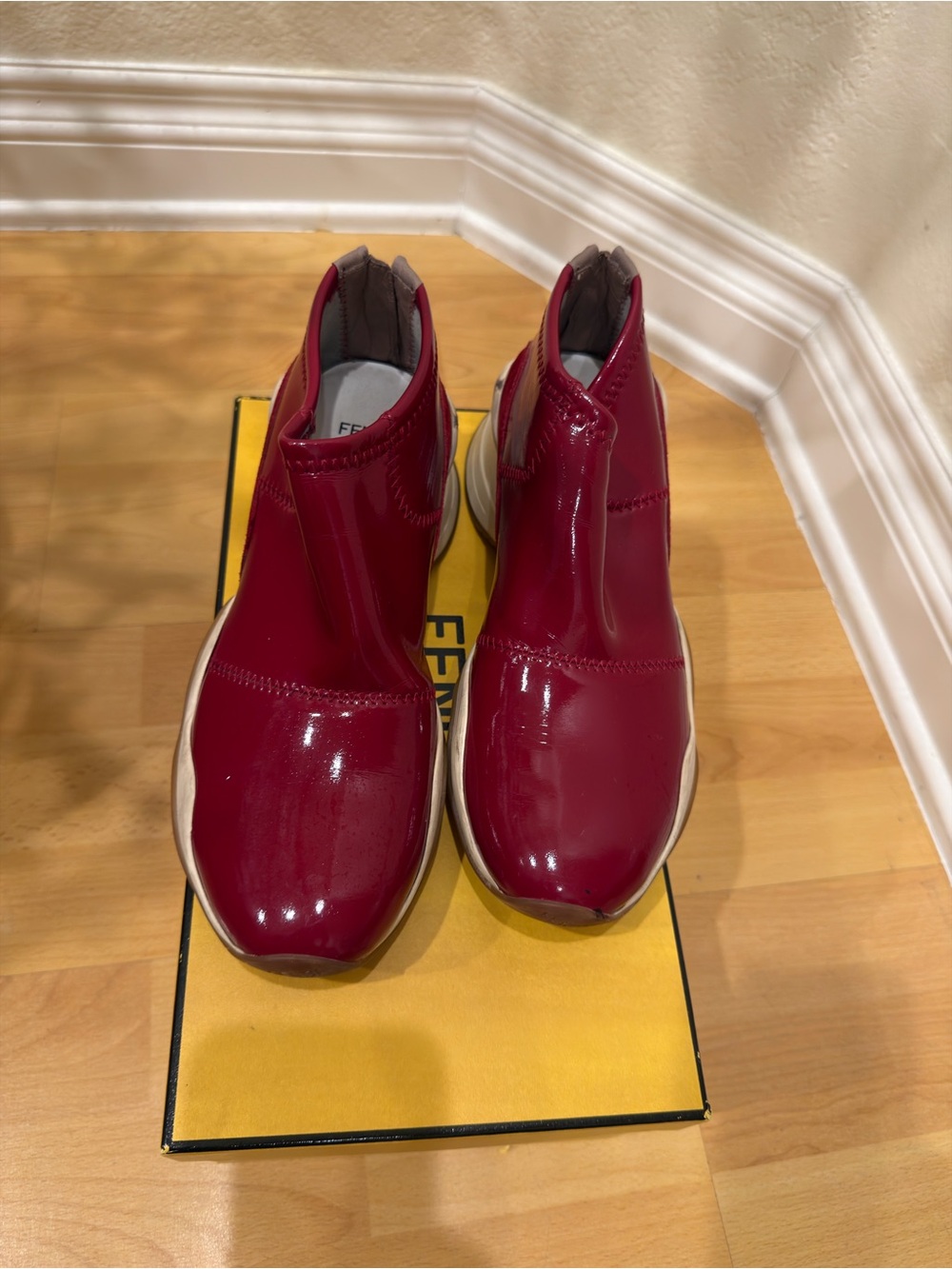 Patent Leather Slip-On Boots in Deep Burgundy